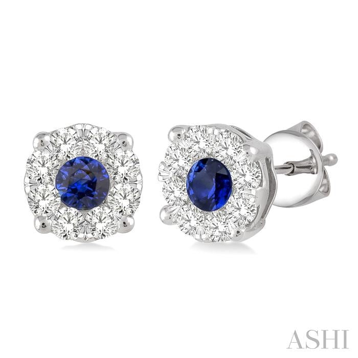 3.3 MM Round Cut Sapphire and 1/2 Ctw Shine Bright Diamond Precious Earrings in 14K White Gold