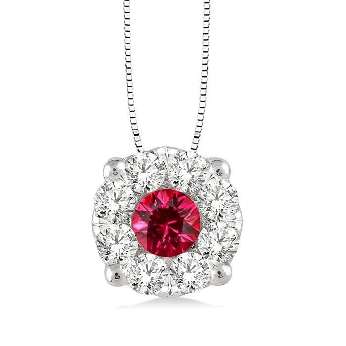 3.8 MM Round Cut Ruby and 1/3 Ctw Shine Bright Precious Pendant in 14K White Gold with Chain