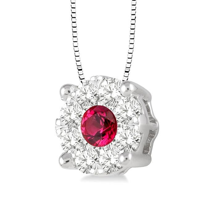 3.8 MM Round Cut Ruby and 1/3 Ctw Shine Bright Precious Pendant in 14K White Gold with Chain
