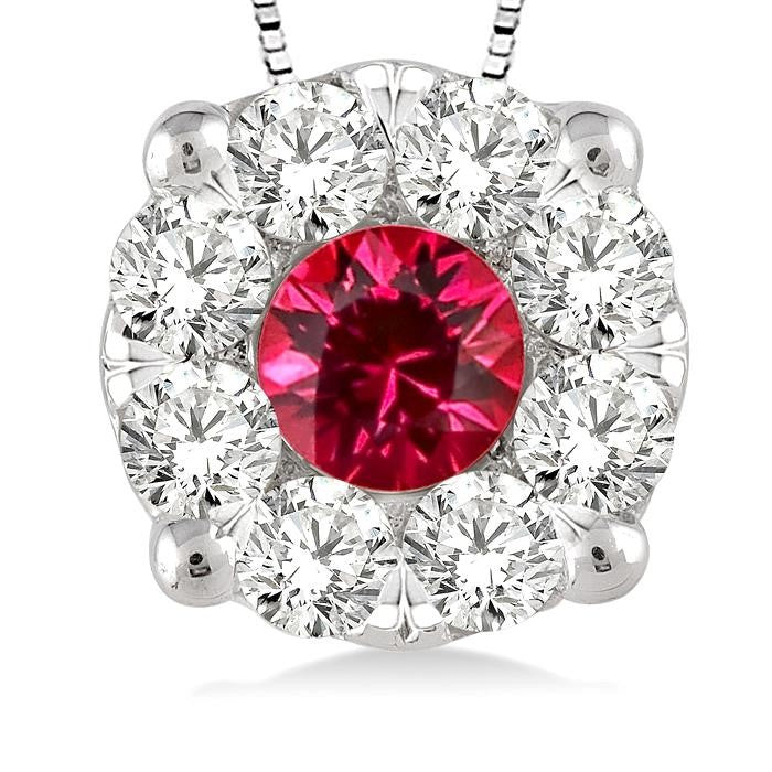 3.8 MM Round Cut Ruby and 1/3 Ctw Shine Bright Precious Pendant in 14K White Gold with Chain