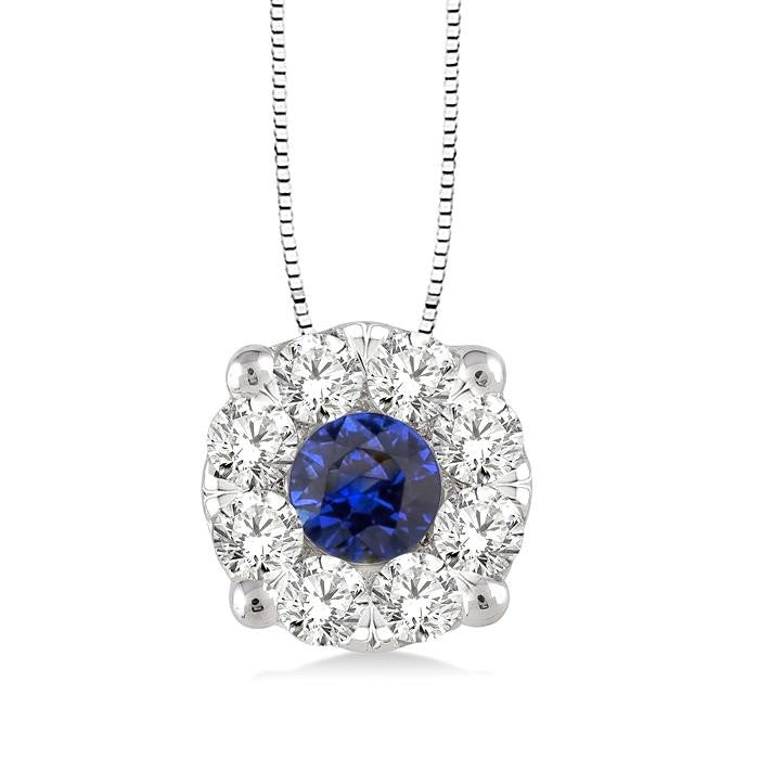 3.8 MM Round Cut Sapphire and 1/3 Ctw Shine Bright Precious Pendant in 14K White Gold with Chain