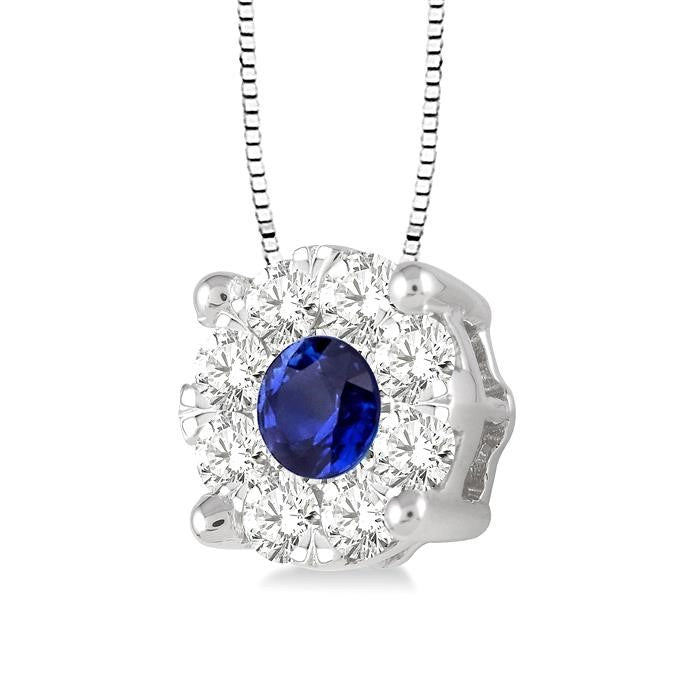 3.8 MM Round Cut Sapphire and 1/3 Ctw Shine Bright Precious Pendant in 14K White Gold with Chain