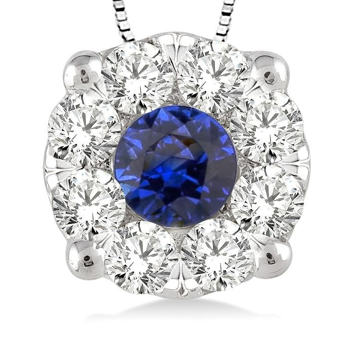 3.8 MM Round Cut Sapphire and 1/3 Ctw Shine Bright Precious Pendant in 14K White Gold with Chain