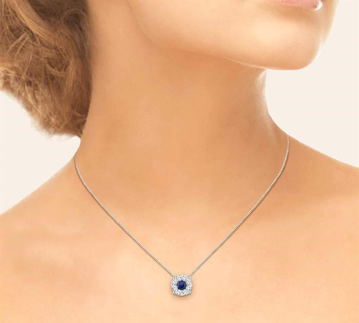 3.8 MM Round Cut Sapphire and 1/3 Ctw Shine Bright Precious Pendant in 14K White Gold with Chain