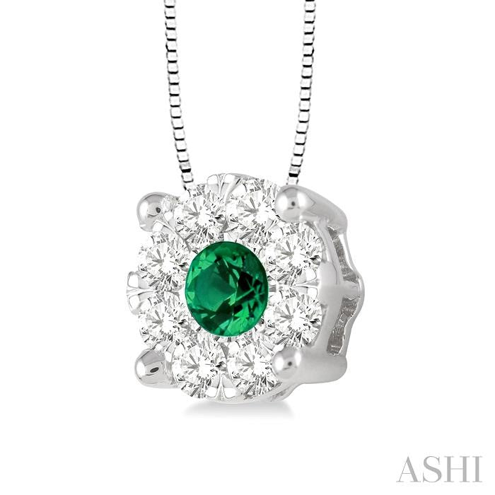 3.8 MM Round Cut Emerald and 1/3 Ctw Shine Bright Precious Pendant in 14K White Gold with Chain