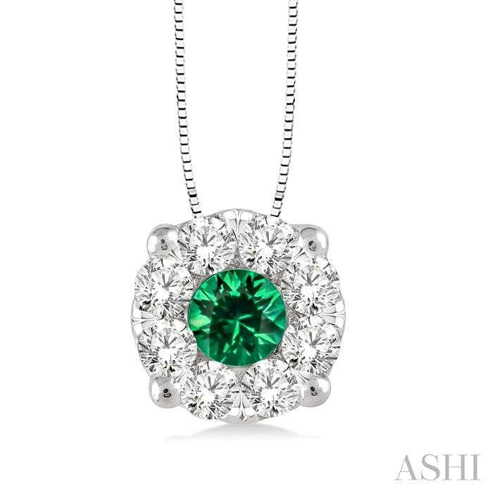 3.8 MM Round Cut Emerald and 1/3 Ctw Shine Bright Precious Pendant in 14K White Gold with Chain