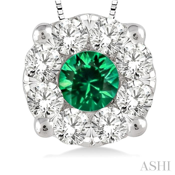 3.8 MM Round Cut Emerald and 1/3 Ctw Shine Bright Precious Pendant in 14K White Gold with Chain