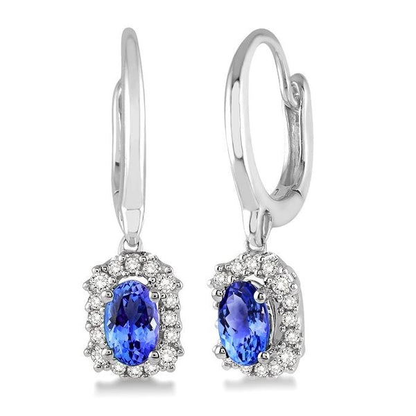 5x3 MM Oval Cut Tanzanite and 1/6 Ctw Round Cut Diamond Precious Earrings in 14K White Gold