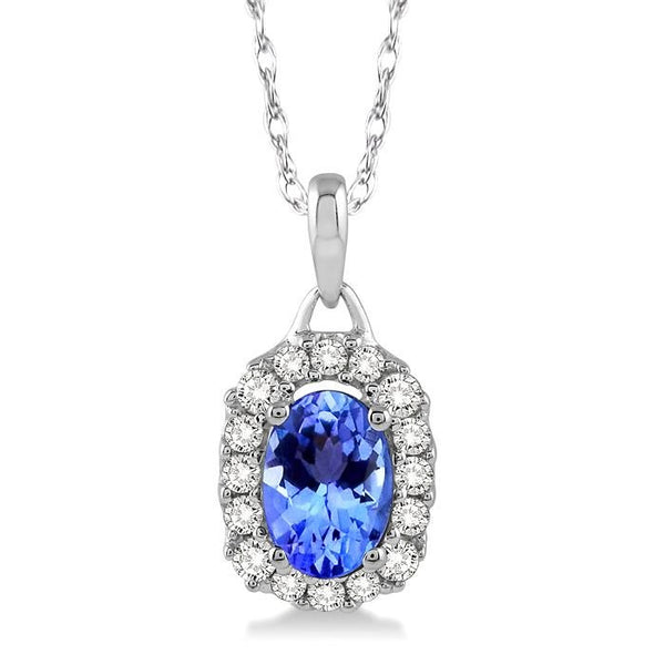 6x4 MM Oval Cut Tanzanite and 1/6 Ctw Round Cut Diamond Precious Pendant in 14K White Gold with Chain