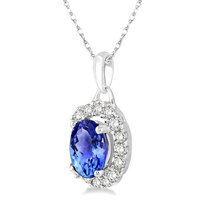 6x4 MM Oval Cut Tanzanite and 1/6 Ctw Round Cut Diamond Precious Pendant in 14K White Gold with Chain