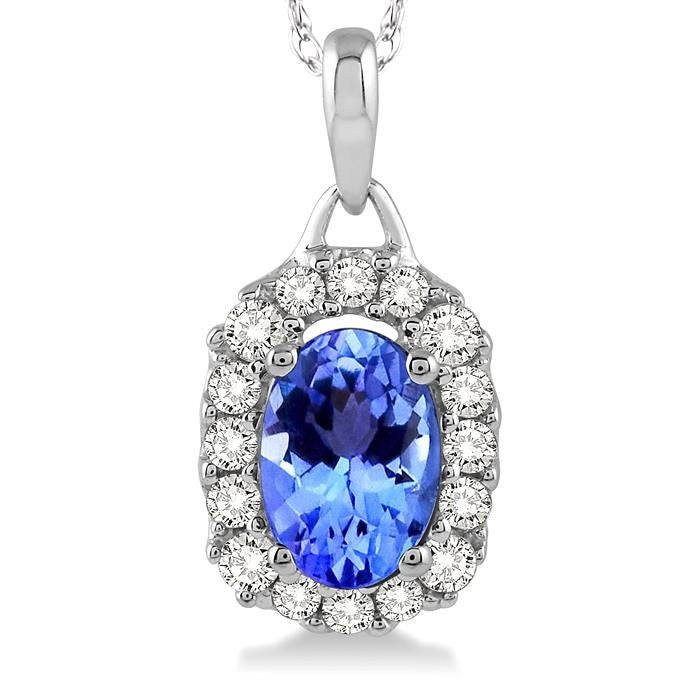 6x4 MM Oval Cut Tanzanite and 1/6 Ctw Round Cut Diamond Precious Pendant in 14K White Gold with Chain
