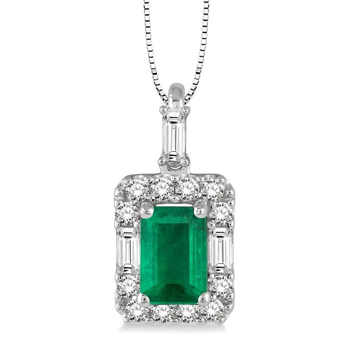 6x4 MM Octagon Cut Emerald and 1/3 Ctw Round Cut Diamond Precious Pendant in 14K White Gold with Chain