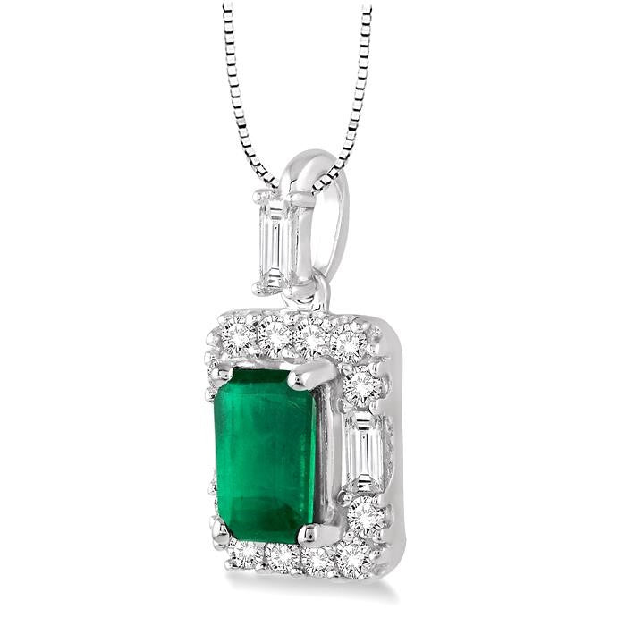 6x4 MM Octagon Cut Emerald and 1/3 Ctw Round Cut Diamond Precious Pendant in 14K White Gold with Chain