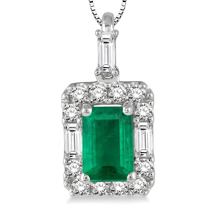6x4 MM Octagon Cut Emerald and 1/3 Ctw Round Cut Diamond Precious Pendant in 14K White Gold with Chain