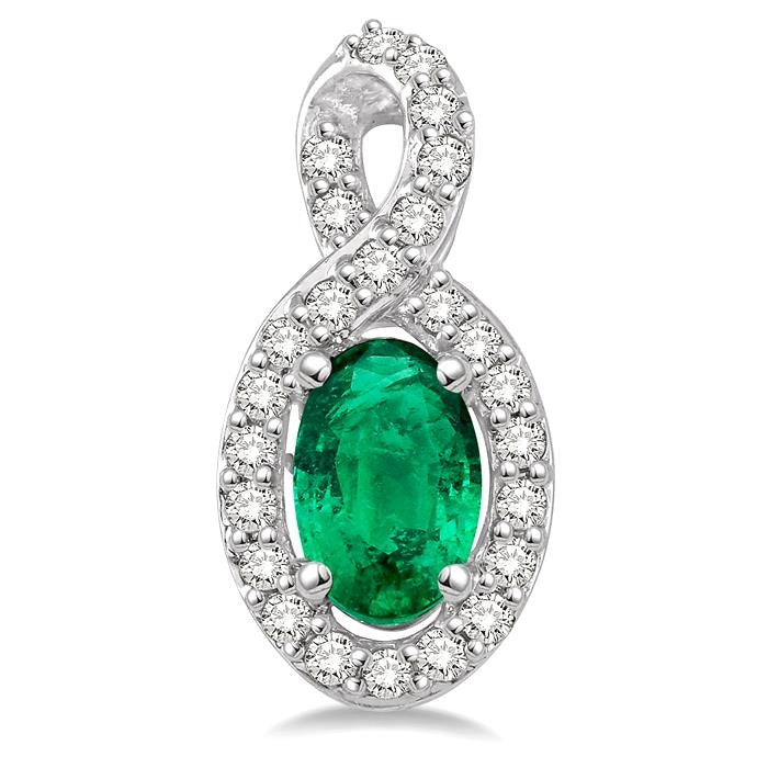5x3 MM Oval Cut Emerald and 1/5 Ctw Round Cut Diamond Earrings in 10K White Gold