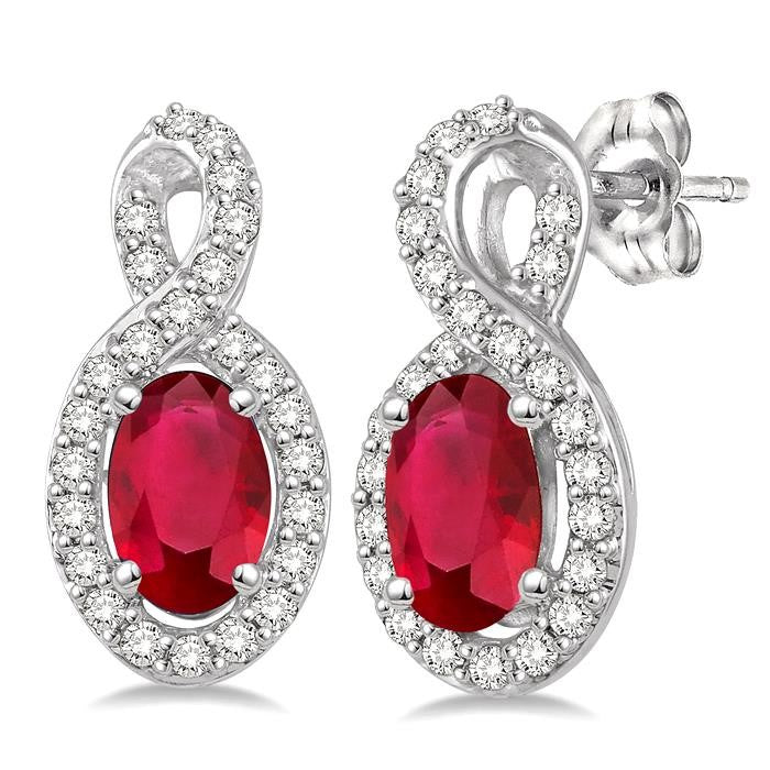 5x3 MM Oval Cut Ruby and 1/5 Ctw Round Cut Diamond Earrings in 10K White Gold