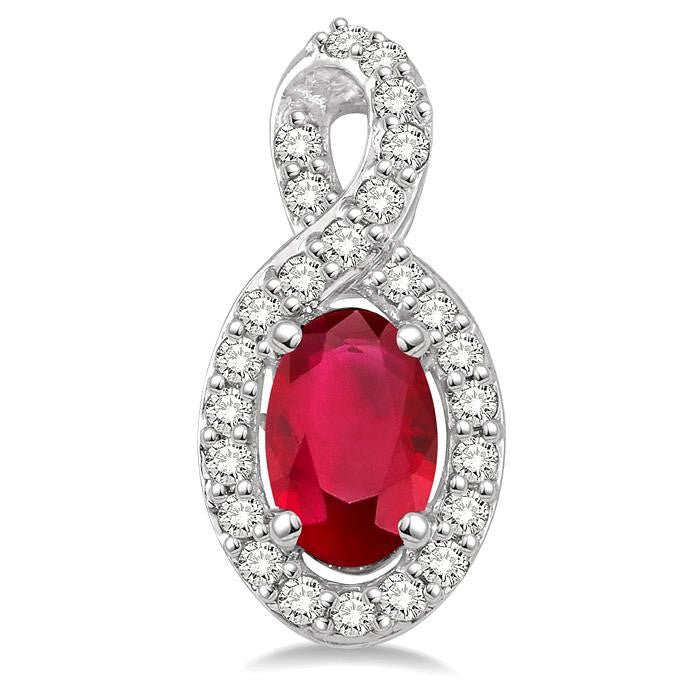 5x3 MM Oval Cut Ruby and 1/5 Ctw Round Cut Diamond Earrings in 10K White Gold