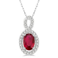 6x4 MM Oval Cut Ruby and 1/10 Ctw Round Cut Diamond Pendant in 14K White Gold with Chain