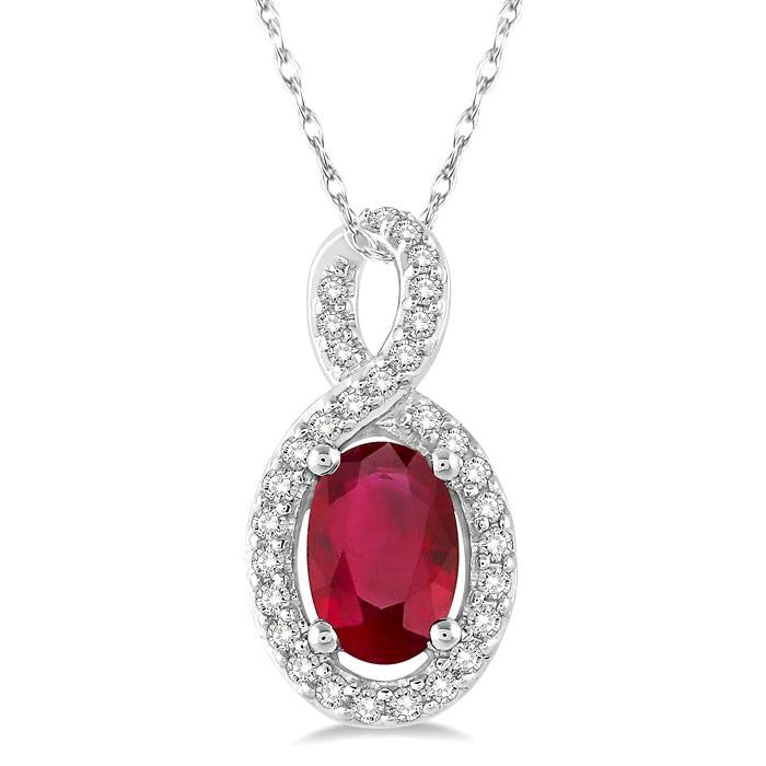 6x4 MM Oval Cut Ruby and 1/10 Ctw Round Cut Diamond Pendant in 14K White Gold with Chain