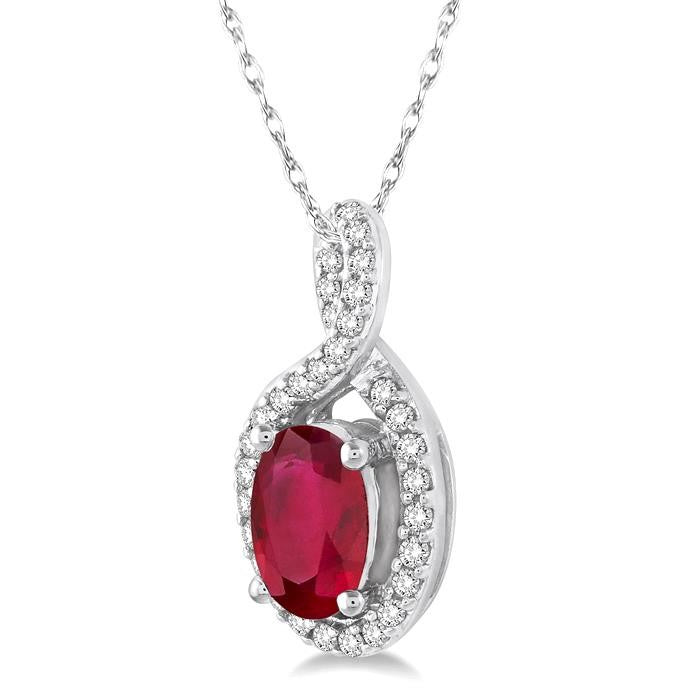 6x4 MM Oval Cut Ruby and 1/10 Ctw Round Cut Diamond Pendant in 14K White Gold with Chain