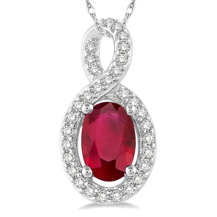6x4 MM Oval Cut Ruby and 1/10 Ctw Round Cut Diamond Pendant in 14K White Gold with Chain