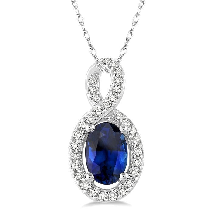 6x4 MM Oval Cut Sapphire and 1/10 Ctw Round Cut Diamond Pendant in 14K White Gold with Chain