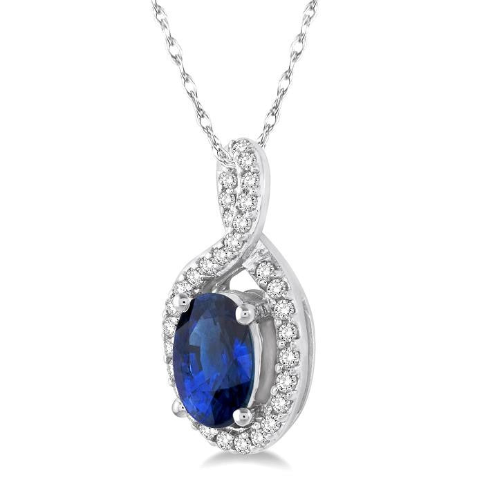 6x4 MM Oval Cut Sapphire and 1/10 Ctw Round Cut Diamond Pendant in 14K White Gold with Chain