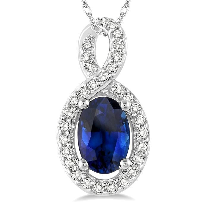 6x4 MM Oval Cut Sapphire and 1/10 Ctw Round Cut Diamond Pendant in 14K White Gold with Chain