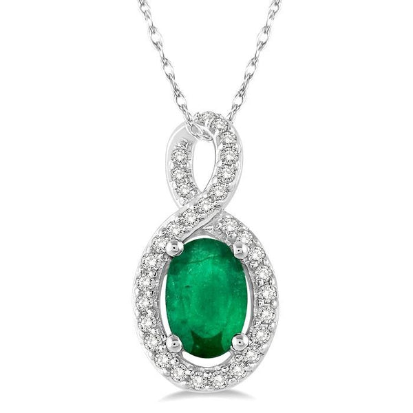 6x4 MM Oval Cut Emerald and 1/10 Ctw Round Cut Diamond Pendant in 10K White Gold with Chain