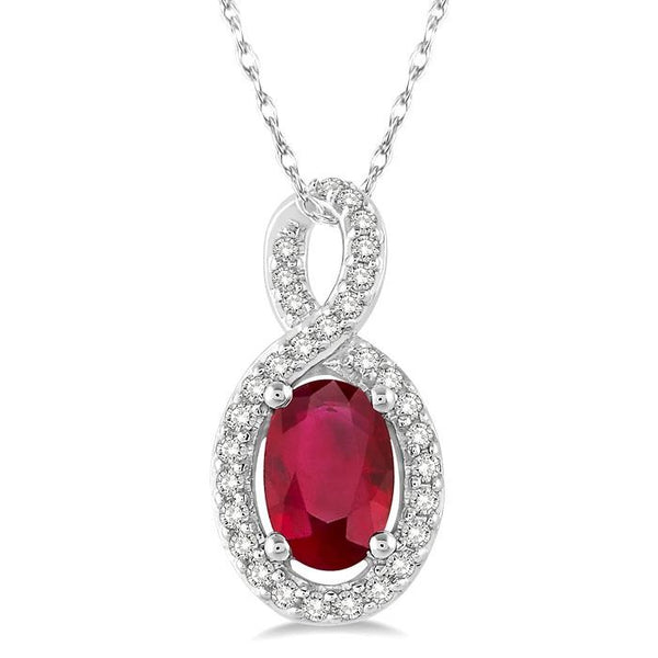 6x4 MM Oval Cut Ruby and 1/10 Ctw Round Cut Diamond Pendant in 10K White Gold with Chain