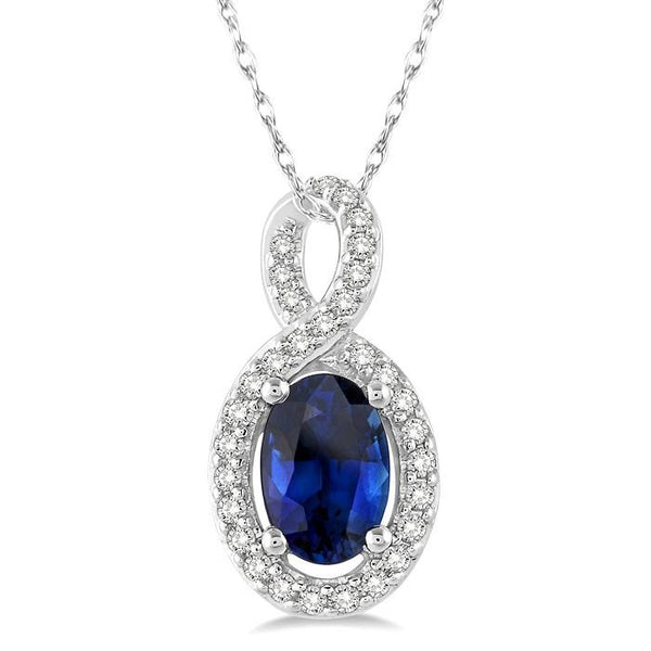 6x4 MM Oval Cut Sapphire and 1/10 Ctw Round Cut Diamond Pendant in 10K White Gold with Chain
