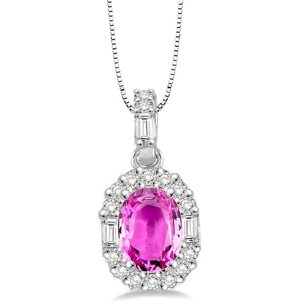 6x4 MM Oval Shape Pink Sapphire and 1/4 Ctw Diamond Precious Pendant in 14K White Gold with Chain