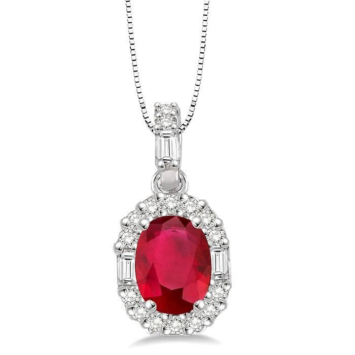 6x4 MM Oval Shape Ruby and 1/4 Ctw Diamond Precious Pendant in 14K White Gold with Chain