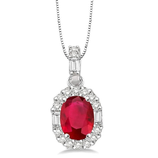 6x4 MM Oval Shape Ruby and 1/4 Ctw Diamond Precious Pendant in 14K White Gold with Chain