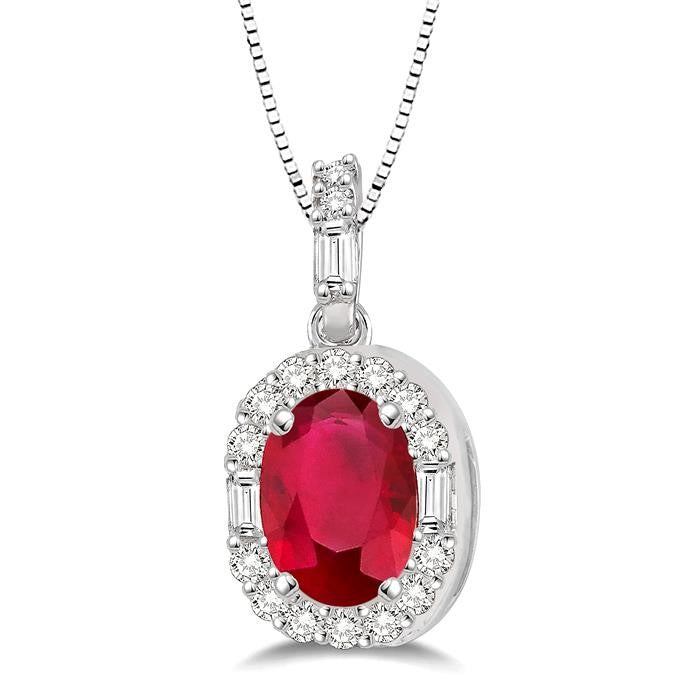 6x4 MM Oval Shape Ruby and 1/4 Ctw Diamond Precious Pendant in 14K White Gold with Chain