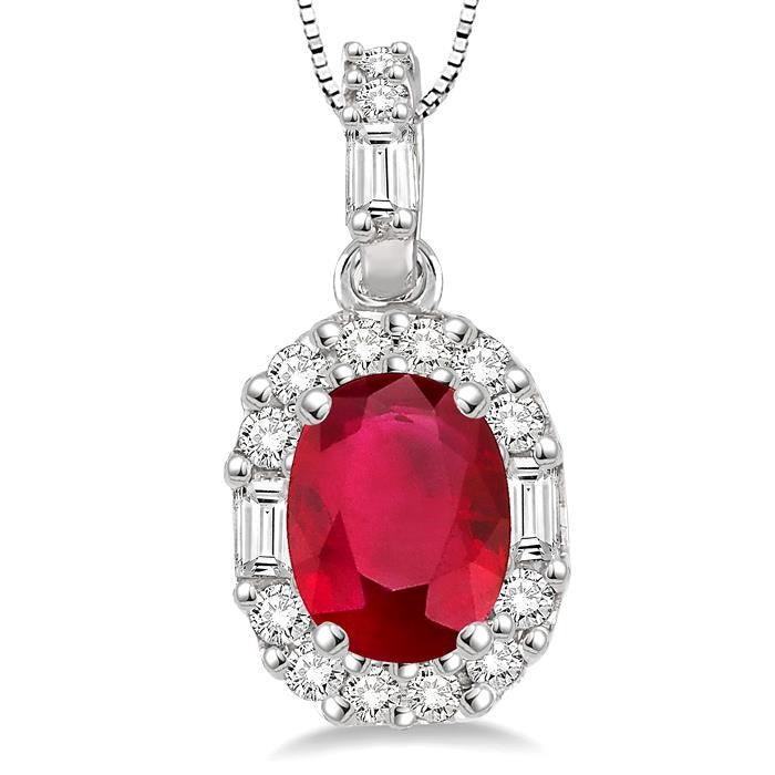 6x4 MM Oval Shape Ruby and 1/4 Ctw Diamond Precious Pendant in 14K White Gold with Chain