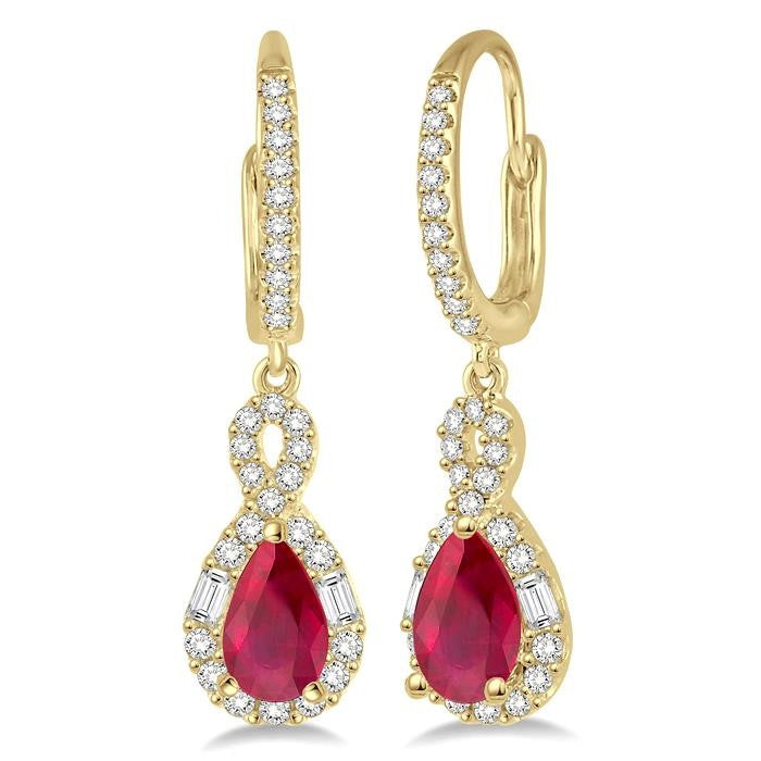 6x4 MM Pear Cut Ruby and 1/2 Ctw Round Cut Diamond Precious Earrings in 14K Yellow Gold