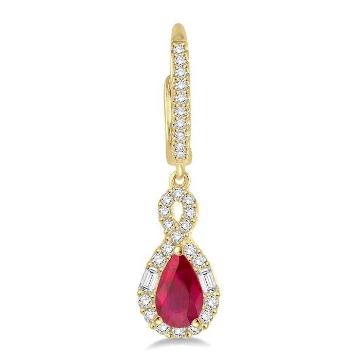 6x4 MM Pear Cut Ruby and 1/2 Ctw Round Cut Diamond Precious Earrings in 14K Yellow Gold