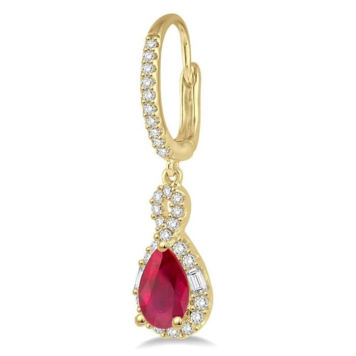6x4 MM Pear Cut Ruby and 1/2 Ctw Round Cut Diamond Precious Earrings in 14K Yellow Gold