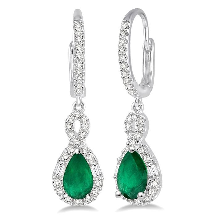 6x4 MM Pear Cut Emerald and 1/2 Ctw Round Cut Diamond Precious Earrings in 14K White Gold