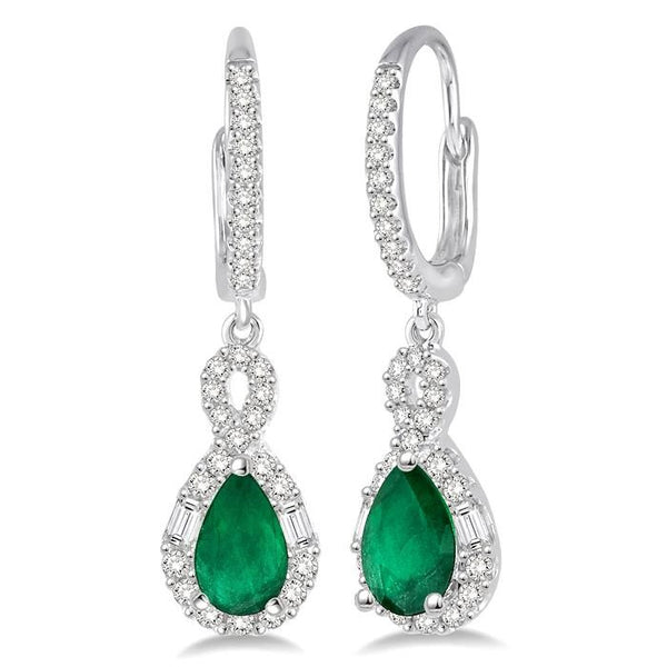 6x4 MM Pear Cut Emerald and 1/2 Ctw Round Cut Diamond Precious Earrings in 14K White Gold