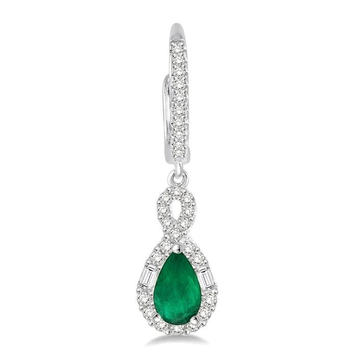 6x4 MM Pear Cut Emerald and 1/2 Ctw Round Cut Diamond Precious Earrings in 14K White Gold