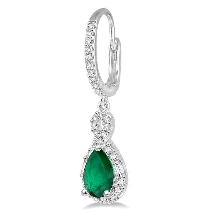 6x4 MM Pear Cut Emerald and 1/2 Ctw Round Cut Diamond Precious Earrings in 14K White Gold
