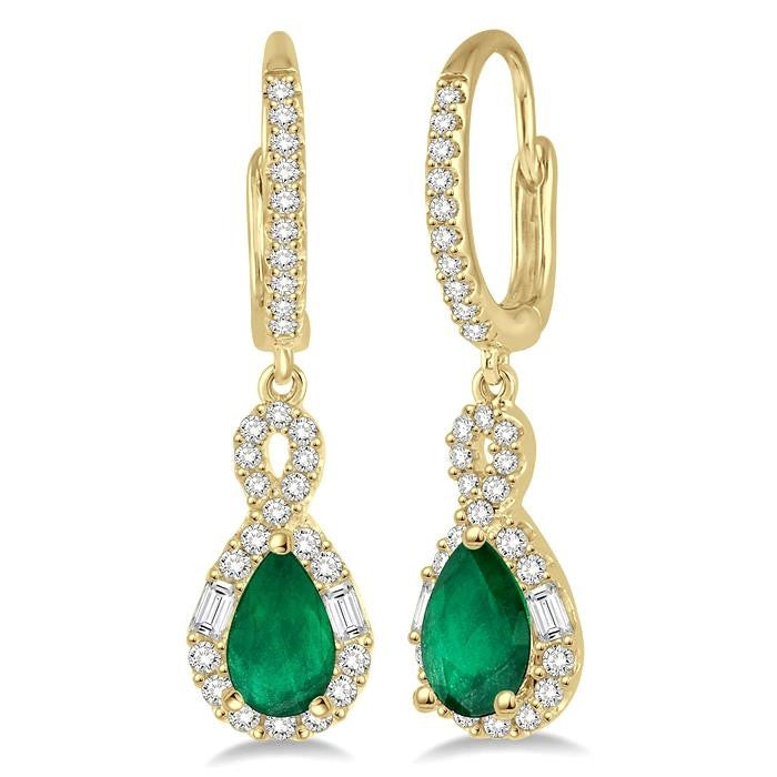 6x4 MM Pear Cut Emerald and 1/2 Ctw Round Cut Diamond Precious Earrings in 14K Yellow Gold