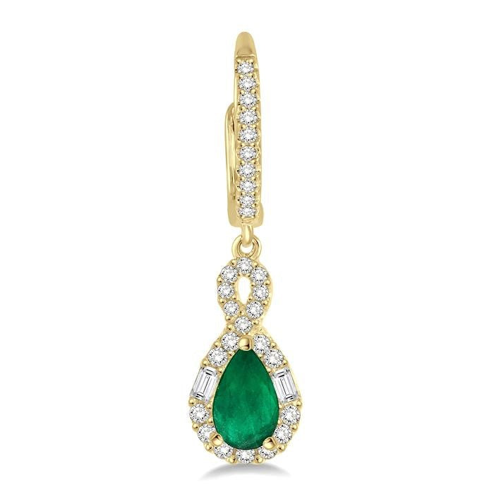 6x4 MM Pear Cut Emerald and 1/2 Ctw Round Cut Diamond Precious Earrings in 14K Yellow Gold