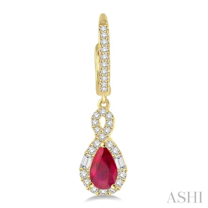 6x4 MM Pear Cut Ruby and 1/2 Ctw Round Cut Diamond Precious Earrings in 14K Yellow Gold