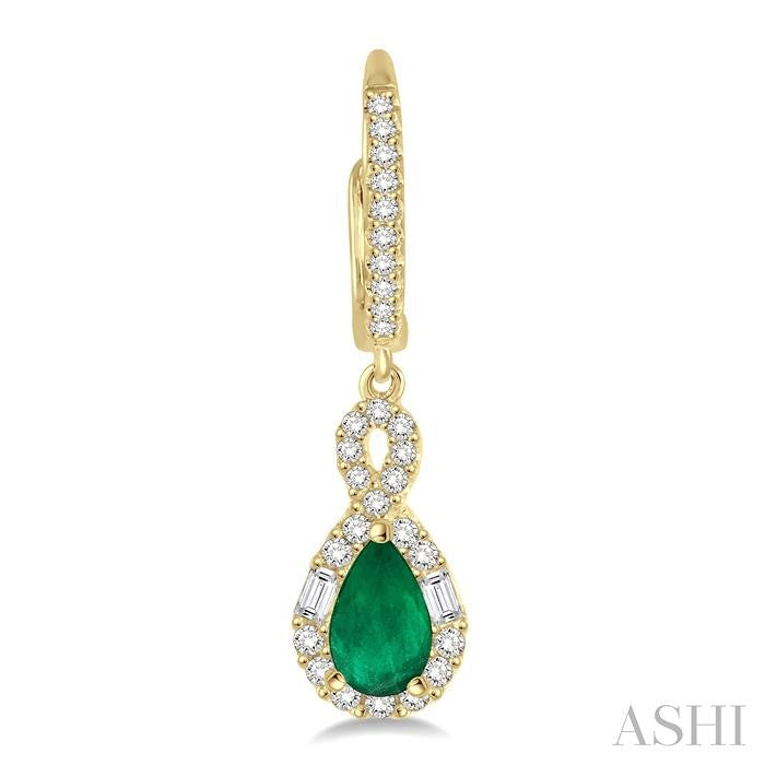 6x4 MM Pear Cut Emerald and 1/2 Ctw Round Cut Diamond Precious Earrings in 14K Yellow Gold