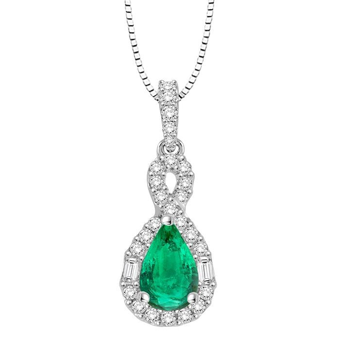 7x5 MM Pear Shape Emerald and 1/3 Ctw Diamond Precious Pendant in 14K White Gold with Chain
