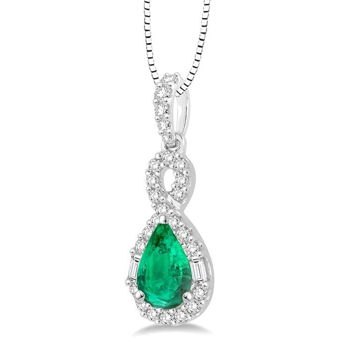 7x5 MM Pear Shape Emerald and 1/3 Ctw Diamond Precious Pendant in 14K White Gold with Chain