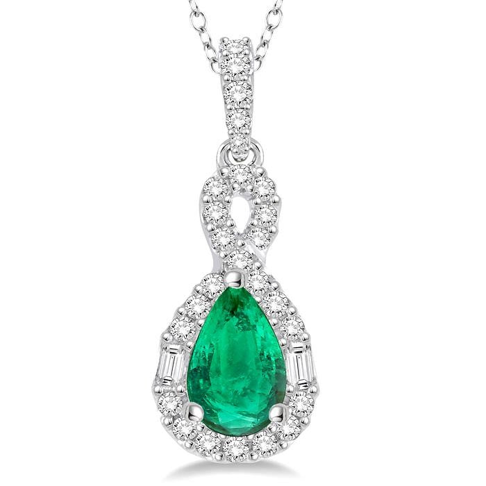 7x5 MM Pear Shape Emerald and 1/3 Ctw Diamond Precious Pendant in 14K White Gold with Chain